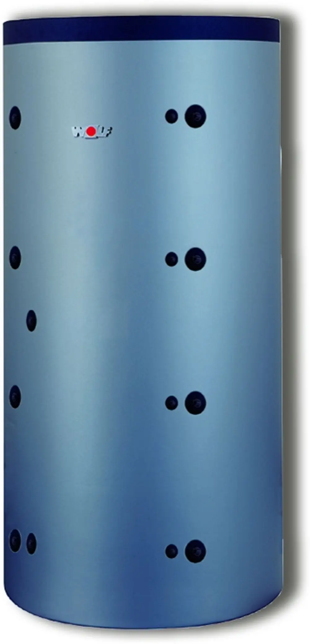 Pufferspeicher in zylindrischer Form von Wolf, mit mehreren Anschlussöffnungen und einer klaren, blauen Oberfläche. Ideal für die Heizungsunterstützung.